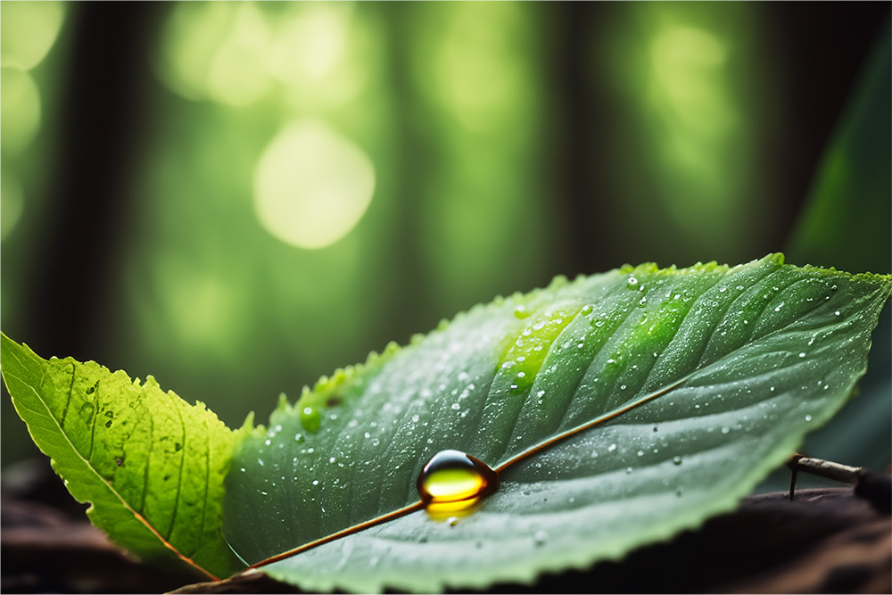 Serene Forest Setting With A Close Up Of A Leaf A Drop Of Oil On Its Surface Reflecting The Surrounding Greenery Shot With A Sony A7R Iv Emphasizing Eco Consciousness And Sustainability